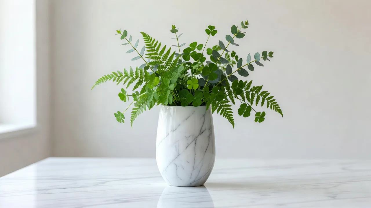 大理石の花器とクローバーの植物